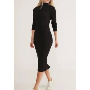 Marine Layer Lexi Ribbed Mock Neck Long Sleeve Midi Dress Black Womens Size S